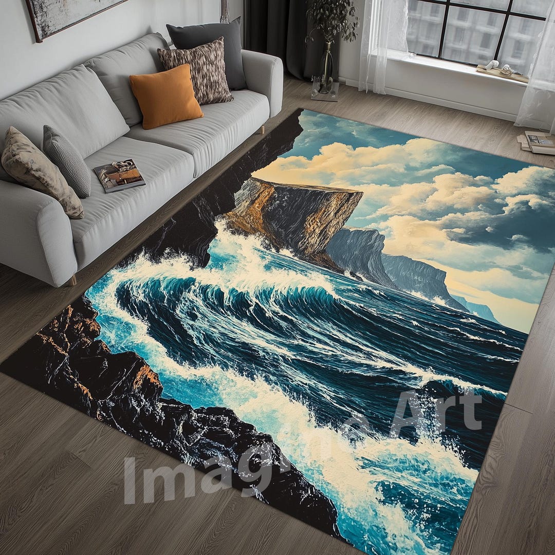 Wave Rugs Ocean Wave Area Rug: Coastal Painting Style, Non-slip Cotton Base - Etsy