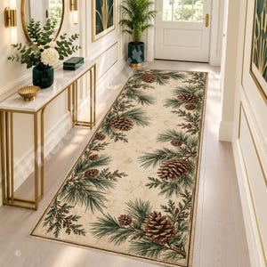 May include: A long rectangular runner rug featuring a cream-colored background with a repeating pattern of brown pinecones and dark green pine needles. The rug has a thin dark border and is positioned on a light-colored floor.