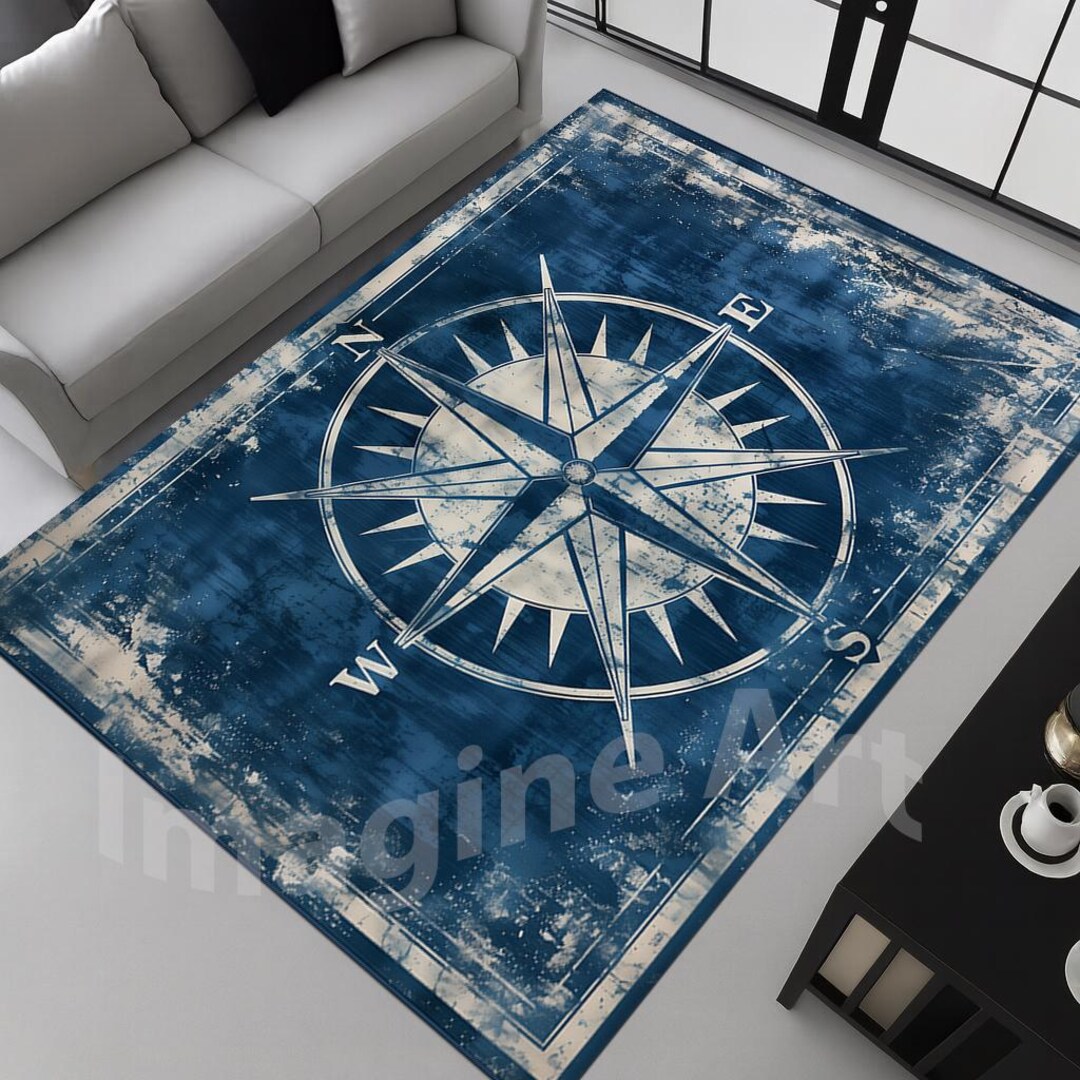 Blue Compass Rug Rustic Compass Rug: Navy Blue Design, Nautical Maritime Decor - Etsy