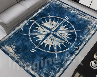 Rustic Compass Rug: Navy Blue Design, Nautical Maritime Decor