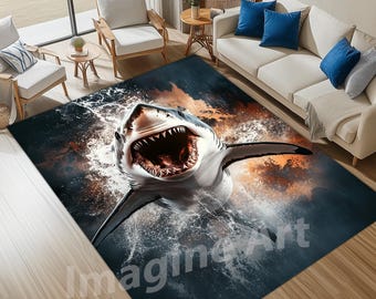 Shark Attack Area Rug, Nautical Decor, Velvet Low Pile