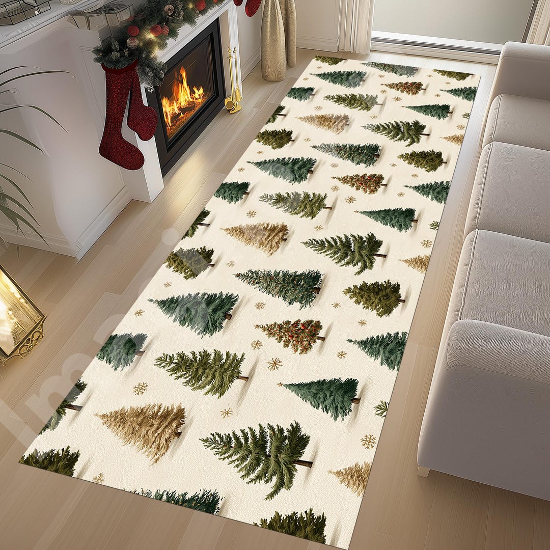 Pin Tree Pattern Gold Frame Christmas Tree Runner Rug: Pine Tree Pattern, Gold Snowflakes Vintage ...