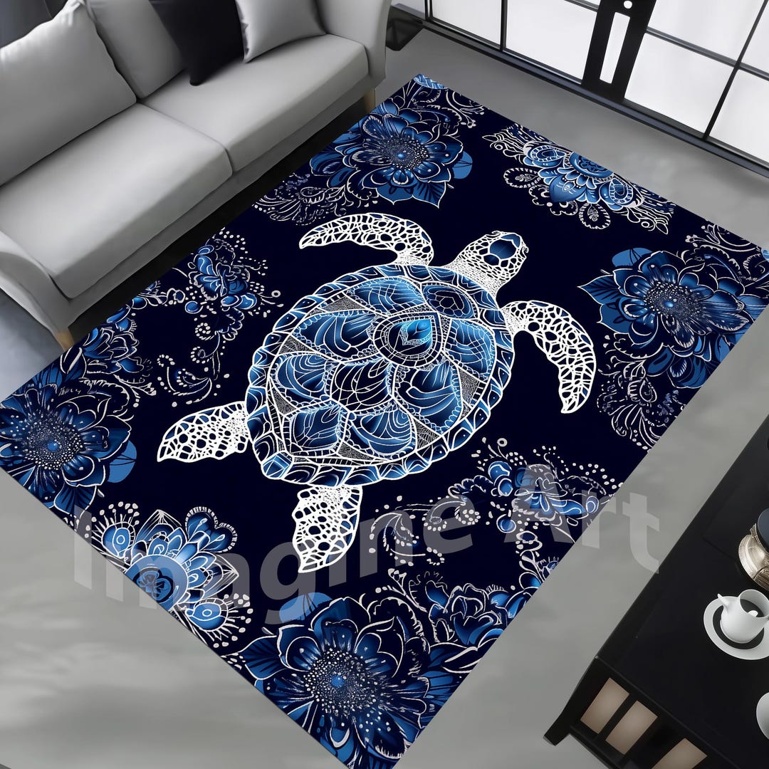 Turtle Colorblock Rug Caretta Turtle Rug: Navy Blue-white Color, Floral Design, Nautical ...