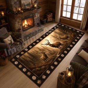 May include: A rectangular area rug featuring a forest scene with three deer. The rug has a dark brown border with floral accents. The central image depicts a forest with deer, in shades of brown and tan.