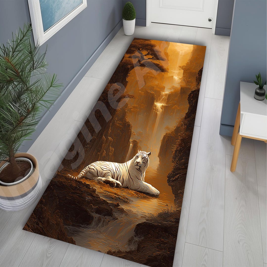 White Tiger Runner Rug: Velvet Low Pile, Non-slip Cotton Base - Etsy