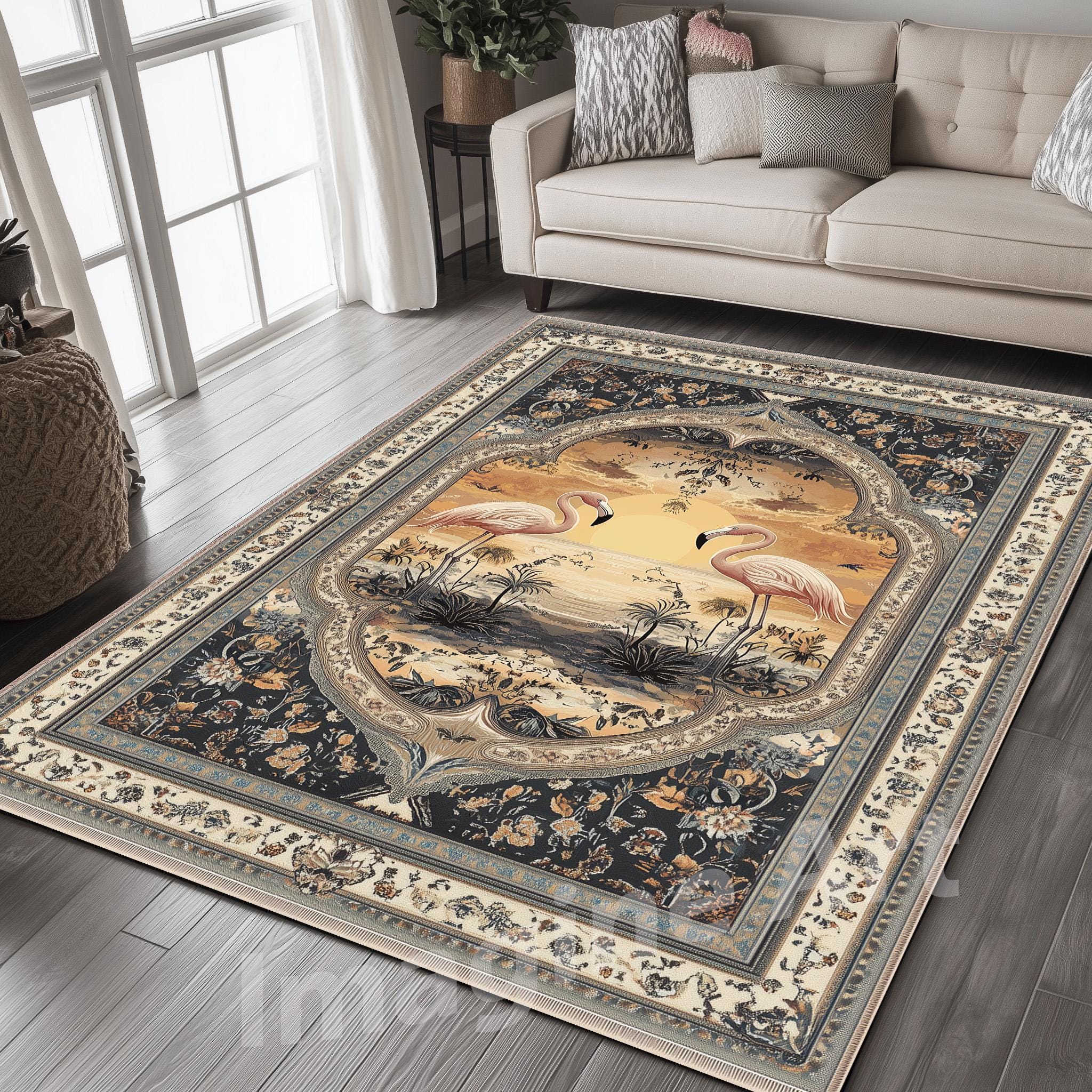 Sunset Flamingo Rug, Ornate Turkish Frame Rug, Mirror Reflection Lake Rug, Golden Hour Tropical Scene Rug, Pastel Wildlife Rug