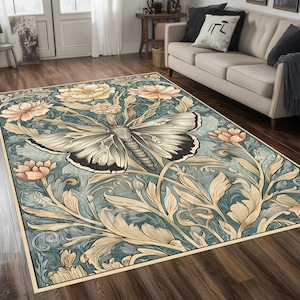 William Morris Style Moth Area Rug, Forest Flowers Area Rug, Floral Botanical Design Area Rug, Floral Moth Rug, Blossoms Area Rug