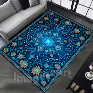 Può includere: Un tappeto rettangolare con un vivace sfondo blu e un complesso design floreale e a circuito stampato. Il tappeto presenta motivi floreali arancioni, gialli e turchesi e un design quadrato centrale. Il tappeto è posato su un pavimento grigio.