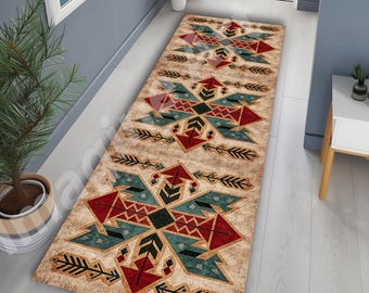 May include: A rectangular beige rug with a geometric pattern in red, teal, and black. The design features stylized arrows and diamond shapes. The rug is placed in a hallway, adding a decorative element to the space.