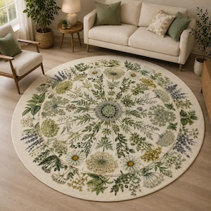 May include: A large circular area rug featuring a detailed botanical print with a radial arrangement of wildflowers, ferns, and herbs in shades of green, white, and yellow on a cream background, creating a symmetrical floral pattern.