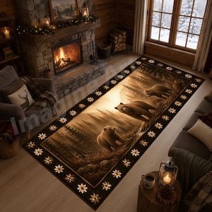 May include: A rectangular area rug featuring a forest landscape with three brown bears. The rug has a dark border decorated with a repeating light-colored star pattern. The central scene depicts a misty woodland setting with tall pine trees.