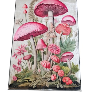 May include: A rectangular tapestry featuring a vibrant illustration of various pink and red mushrooms, flowers, and foliage. The artwork includes detailed shading and textures, with the words "SAMPLE MODEL" printed at the bottom.