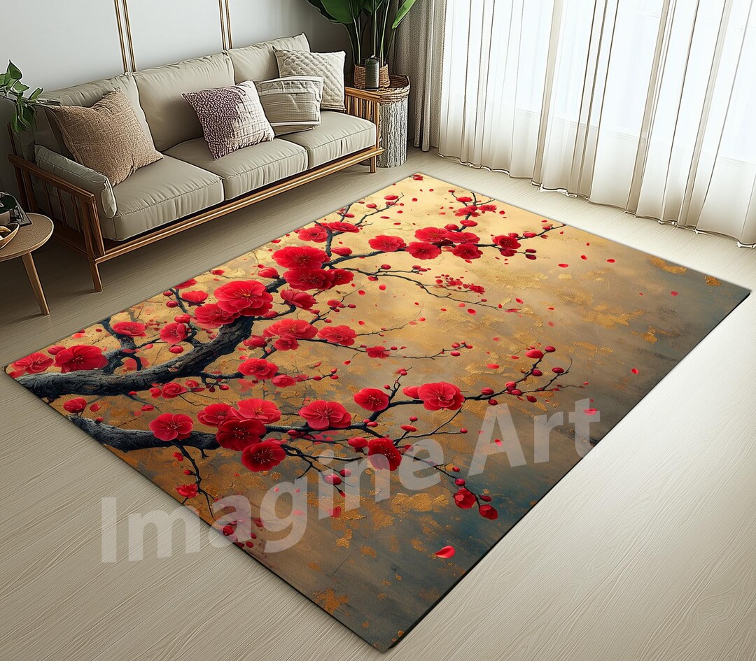 Gold Cherry Blossom Pattern Tree Rug, Pink Color Tree Rug, Cream Color ...