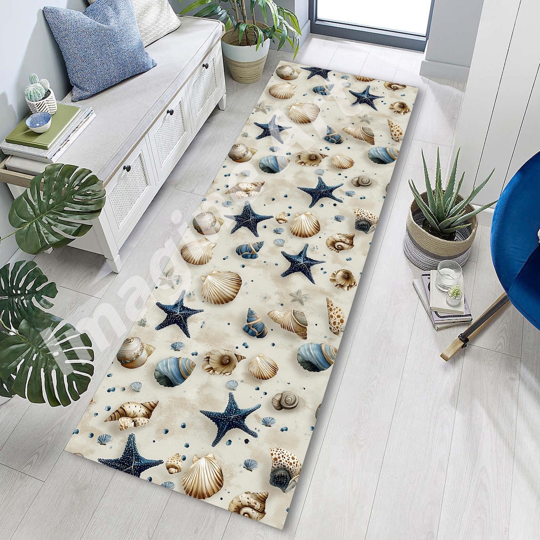 Sea Shell Patern Rug Starfish and Seashell Runner Rug: Beach House Decor, Sea Ornaments ...