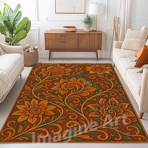 Botanical Swirls and Floral Elegance Rug, Brown Floral Botanical Plants Area Rug, Plants Rug, Flowers Rug, Botanical Rug, Plant Rug