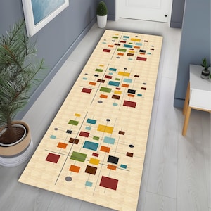 May include: A long rectangular runner rug featuring a light beige background with a repeating pattern of thin black lines, small black circles, and various colored rectangles in shades of red, yellow, green, blue, and brown arranged in clusters.