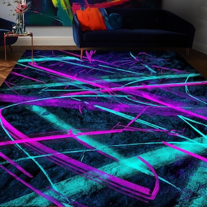 Lila Gloving Look Abstraktes Muster Teppich, Chaotischer Abstrakter Sportkartenteppich, Türkiser Teppich im Neon Look