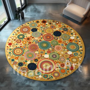 Gustav Klimt Style Round Rug: Golden and Colorful Palette, Abstract Circles Design, Velvet