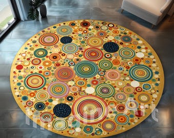 Gustav Klimt Style Round Rug: Golden and Colorful Palette, Abstract Circles Design, Velvet