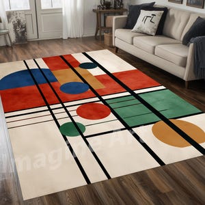 Bauhaus Style Grid Area Rug, Bauhaus Colorful Area Rug, Teal and Red Area Rug, Modern Colorful Rug, Bauhaus Area Rug, Geometric Shapes Rug