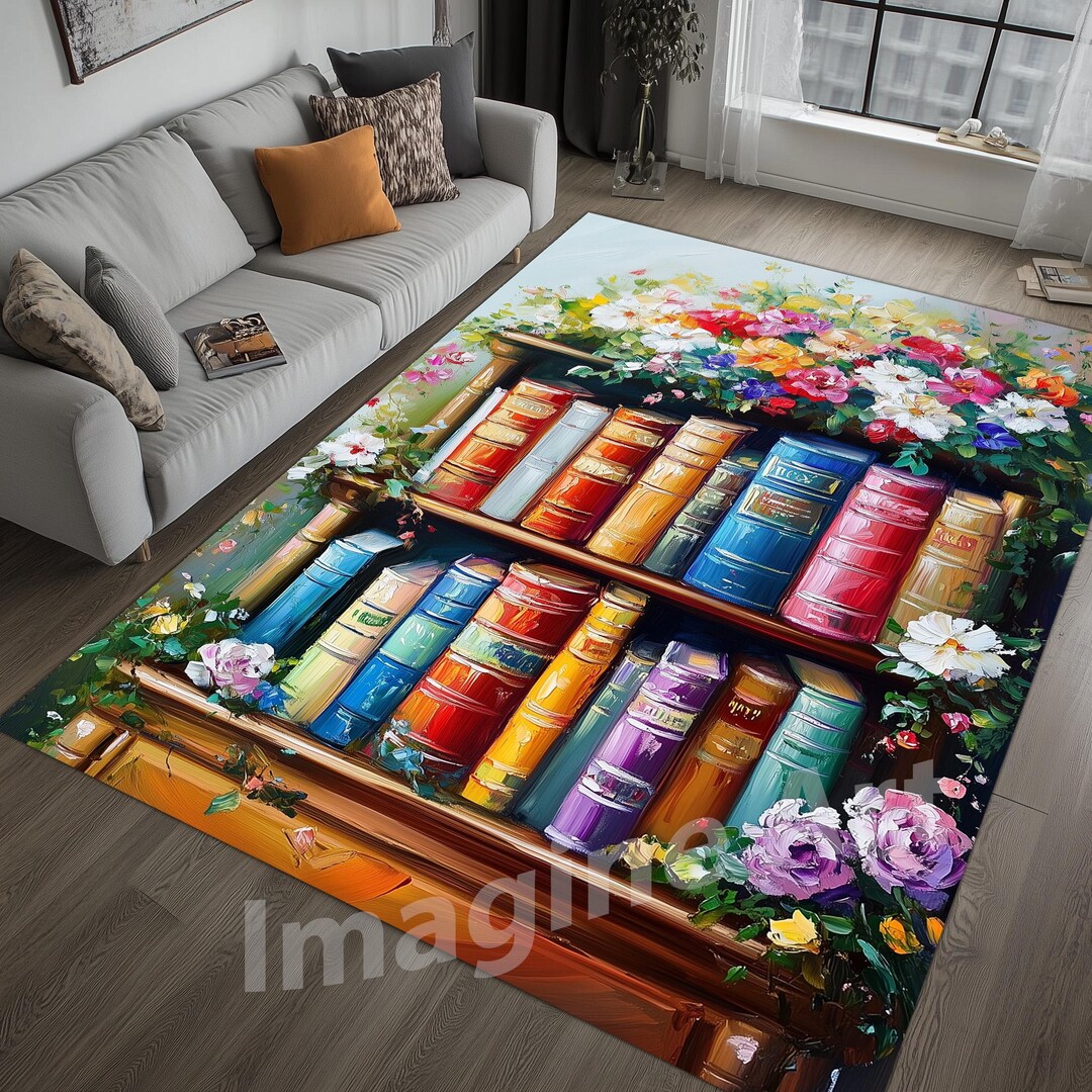 Old Library Rug Floral Bookshelf Area Rug: Oil Paint Style, Vintage Library Decor - Etsy