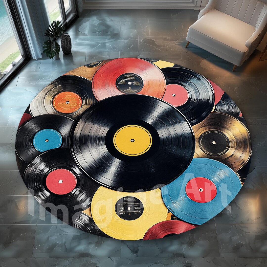 Retro Record Rug: Vinyl Records, Round Pop Art Design, Music Room Decor ...