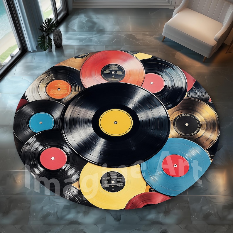 Retro Record Rug: Vinyl Records, Round Pop Art Design, Music Room Decor ...