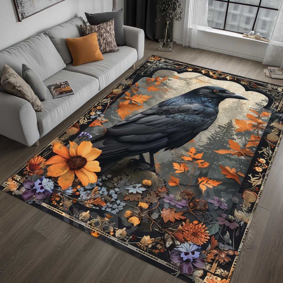 Floral Raven Rug: Bohemian Celestial Crow Area Rug - Etsy