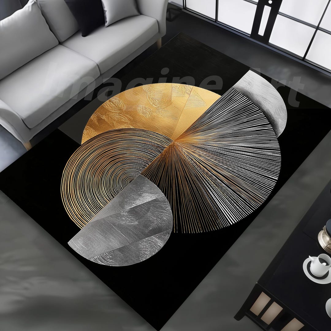 Abstract Moon Rugs Sun and Moon Artistic Abstract Art Rug: Gold-silver-black, Radiant ...