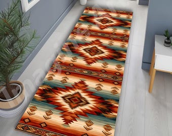 Rustic Southwestern Runner Rug:  Earth Tone, Native Motifs, Aztec Geometric, Ethnic Design, Hallway Decor
