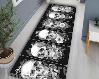 Gothic Floral Skull Runner, Velvet Low-Pile Hallway Rug, Halloween Decor