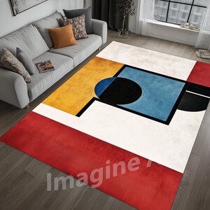 Tappeto in stile Bauhaus: forme geometriche colorate, verde acqua e rosso
