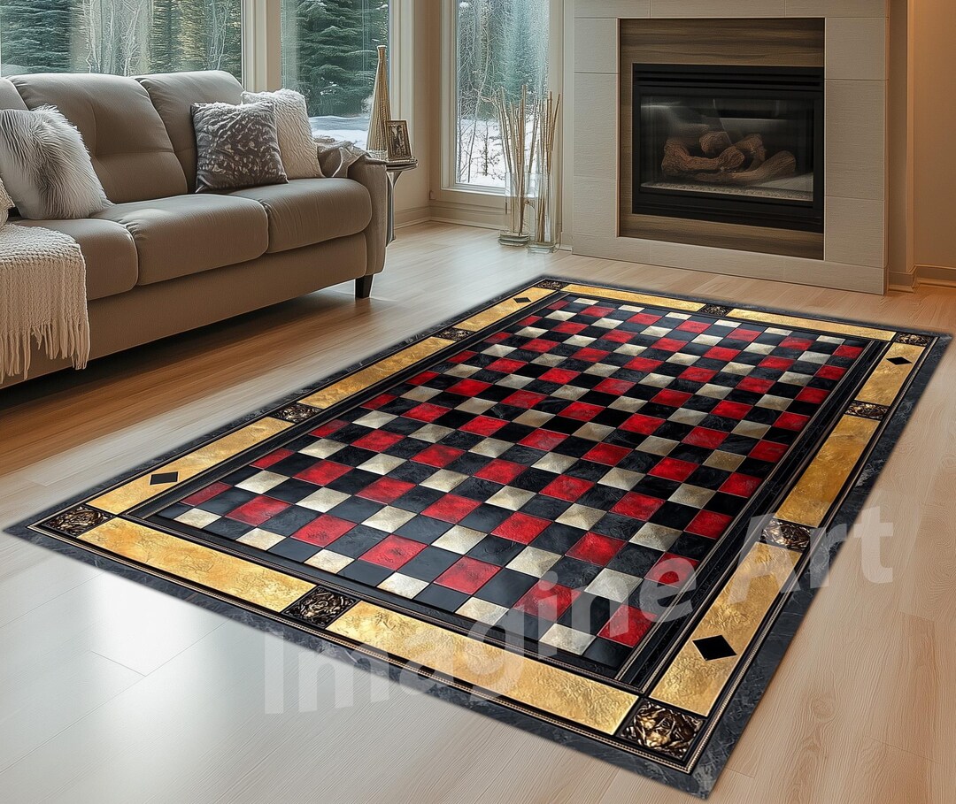 Chess Pattern Rug Chessboard Area Rug: Black, Red & Gold Squares Pattern - Etsy