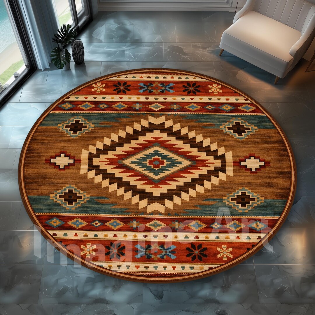 Southwestern Tribal Round Rug: Rustic, Earth Tone, Native Motifs, Aztec ...