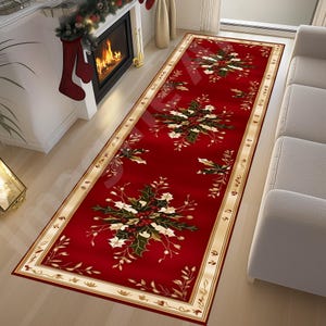 Red Christmas Rug Runner: Holly Berry Design, Traditional Hallway Rug