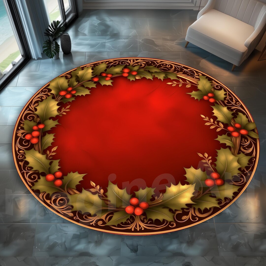 Red Holly Berry Wreath Rug: Round Christmas Decor - Etsy