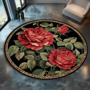 Rund Rote Rose Teppich: Ölfarbe Blumenmuster