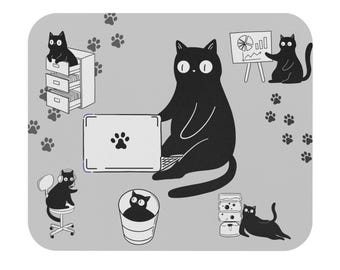 Muismat kat, bureaumat grappige katten aan het werk, leuk cadeau kattenliefhebber, rechthoek kantoorbenodigdheden, bureauaccessoires kattendame, bureaudecoratie katten,