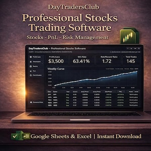 May include: A laptop screen showing stock trading software with the text "DayTradersClub" and "Professional Stocks Trading Software." The display includes financial data, charts, and the text "Google Sheets & Excel | Instant Download."