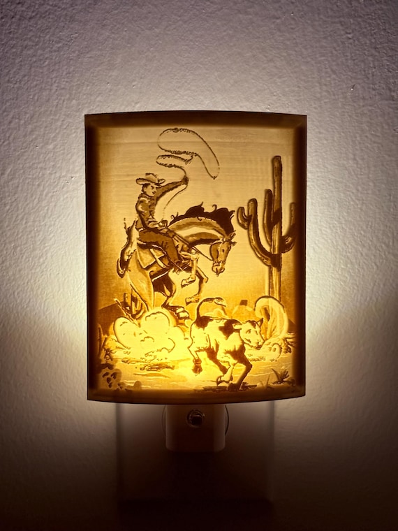 Western Cowboy Wrangler Decor 4” x 5” Lithograph with Included Automatic LED Night Light