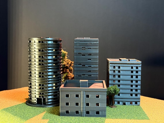 Miniature City Building Set: 3D Printed Gray Scale Diorama (Set of 4)