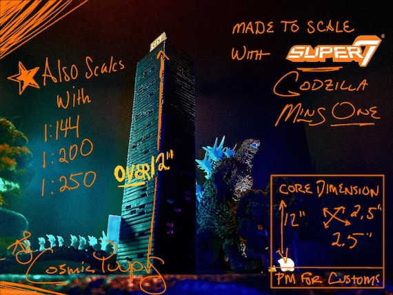 SkyGuy Kaiju Scale Highrise Tower - 12" 1/200 Scale 3D Printed Building for Godzilla Scenes & Toy Photography