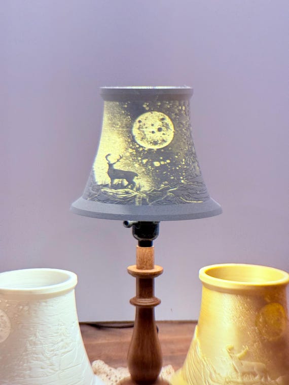 Moonlit Mountain Deer Lampshade: 3D Printed Forest Silhouette, 6.5" Tall