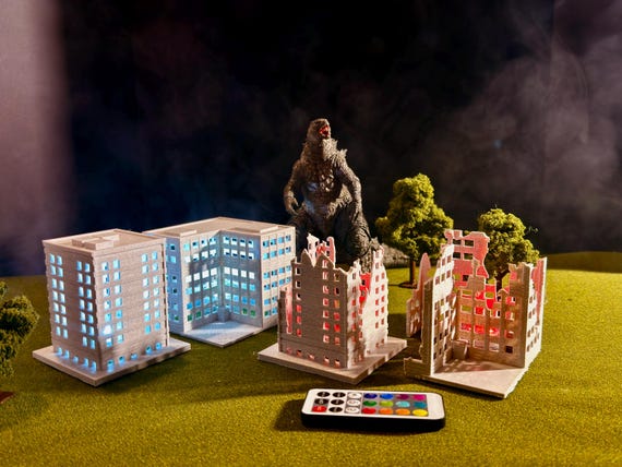 Mini City Godzilla Toy Set of 4 - 2 Before and 2 after Marble Scale City Design, Diorama Kit for Kids & Adults, Gift Idea, Home Decor
