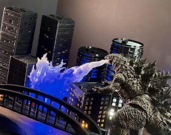 Miniature City Diorama Set: LED Lights, Godzilla building display