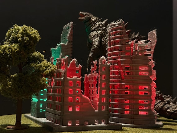 Before & After Godzilla City Building Set – Intact and  Destroyed 3D Printed RGB LED Diorama for Kaiju, and Monster Battle Displays
