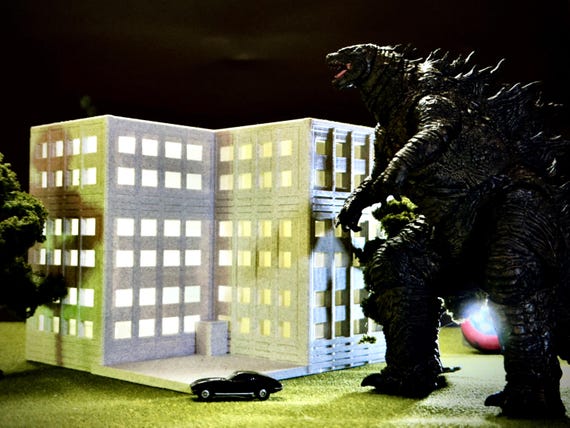 Miniature City Building Diorama: Marble PLA Godzilla Display