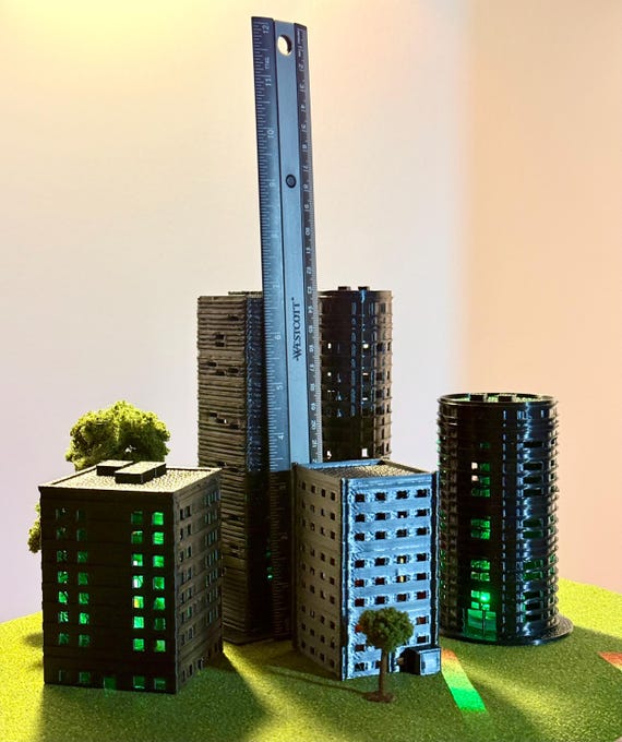 Mini City Godzilla Toy Set | Sqwishy TPU | Set of 5 Buildings 3” to 7” | LED Lights with Remote |  Diorama Kit for Kids & Adults | Gift Idea