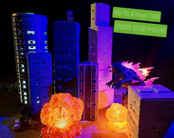XXL Miniature 3D Printed City Set – 6 Buildings + 2 Explosion Props with Rechargeable Lights – S Scale - Toy Photography Prop - Godzilla