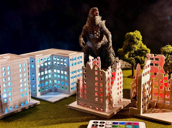 Before & After Godzilla City Building Set – Intact and  Destroyed 3D Printed RGB LED Diorama for Kaiju, and Monster Battle Displays